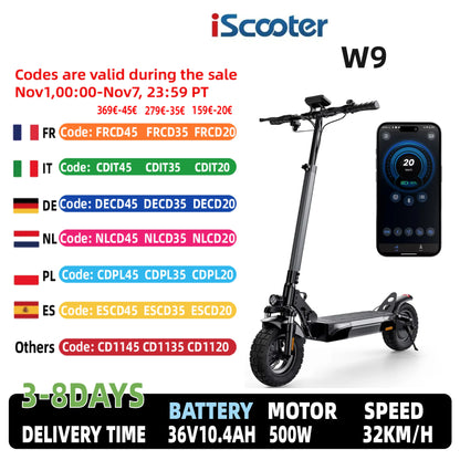 iScooter W9 Electric Scooter For Adults 1000W Motor 54.6V14Ah Battery 10  Inch Off Road Pneumatic Tires Foldable  E-scooter.
