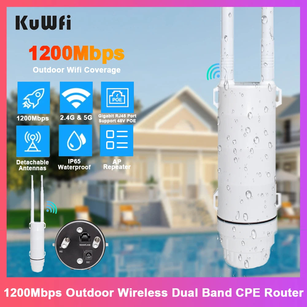 KuWFi AC1200 Outdoor CPE Router 1200Mbps 2.4G 5G Dual Band Wireless Wi-Fi Gigabit RJ45 Port Detachable Antennas 48V POE Repeater.
