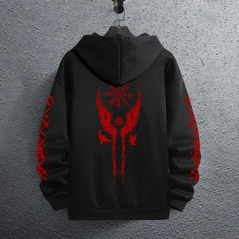 2025 Brand New Black Sweatshirts Autumn Winter Male Daily Casual Sporty Jogging Hoodie Men's Ancient Viking Raven Print Pullover.