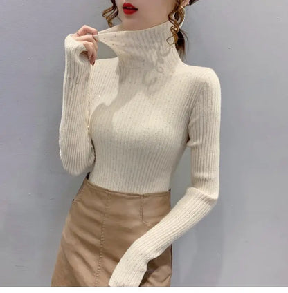 Women Clothing Fashion Elegant Turtleneck Pullover Autumn Winter Solid Slim Long Sleeve Sweater Office Lady Casual Dignified Top.