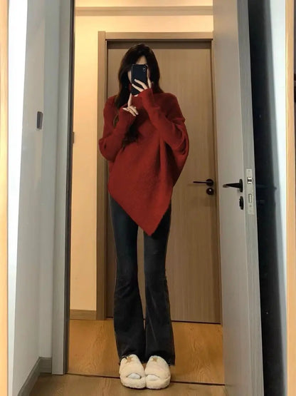 Herbst Winter Neue Frauen Pullover Koreanische Mode Chic Casual Rollkragen Solide Asymmetr Lose Batwing Hülse Pullover Gestrickte Tops.