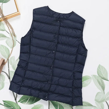 2023 Neuankömmlinge Herbst Winter warme Frauen ärmellose Daunen futter Taillen mantel weibliche ultraleichte weiße Enten Daunen weste Jacken.