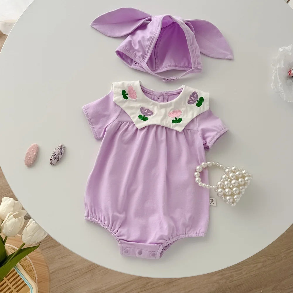 0-2Y Sommer Baby Mädchen Kleidung Kleinkind Mädchen Body & Einteilige Tulpe Stickerei Kleidung Mit Hut.