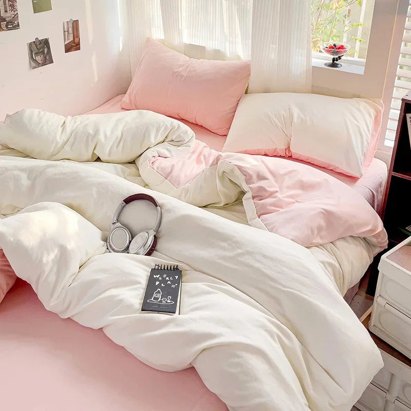 Solid Bed Linen Cotton Bedding Set 4pcs with Sheet Duvet Cover Pillowcases Single Couple Bedsheet Single Couple Twin Size.