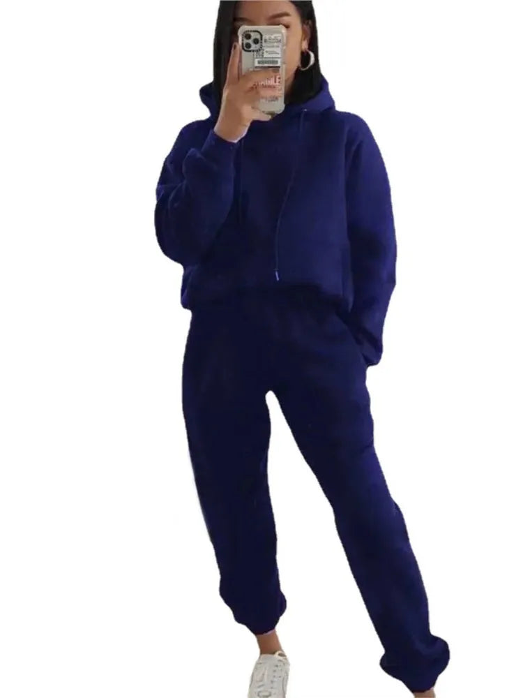 Women's Pocket Long-sleeved Hooded Sweatshirt Casual Set Autumn Winter New Solid Color Loose Sport Long Pants 2 Piece Set Female