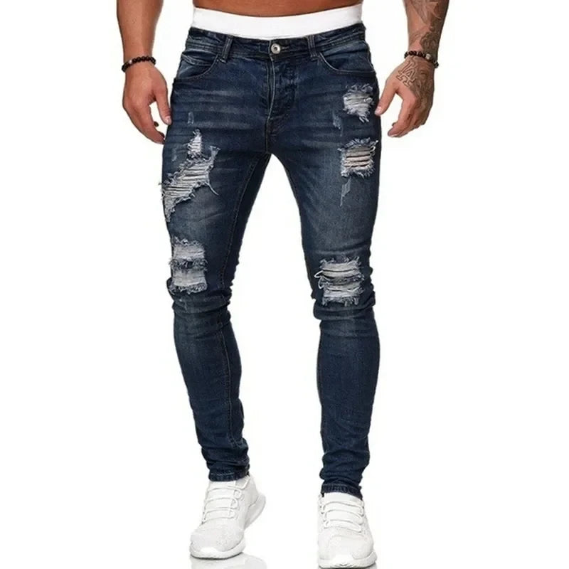 Fashion Street Style Ripped Skinny Jeans Men Vintage wash Solid Denim Trouser Mens Casual Slim fit pencil denim Pants hot sale.