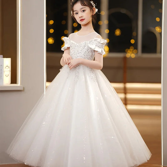 Neue Jugend Mädchen Prinzessin Mesh Kleid Hochzeit Blumen mädchen Kleid Schul wettbewerb Klavier lange Leistung Kleid für 3-12 Jahre.