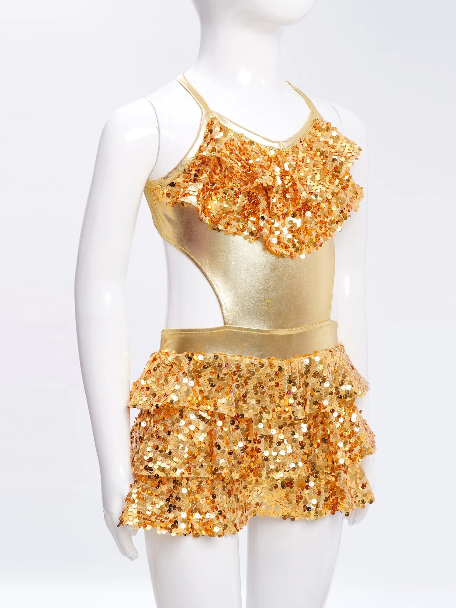 Teenager Mädchen Cha-Cha Jazz Latin Dance Samba Rumba Tango Performance Kostüm ärmelloses metallisch glänzendes Pailletten-Bodykleid mit Ausschnitt.