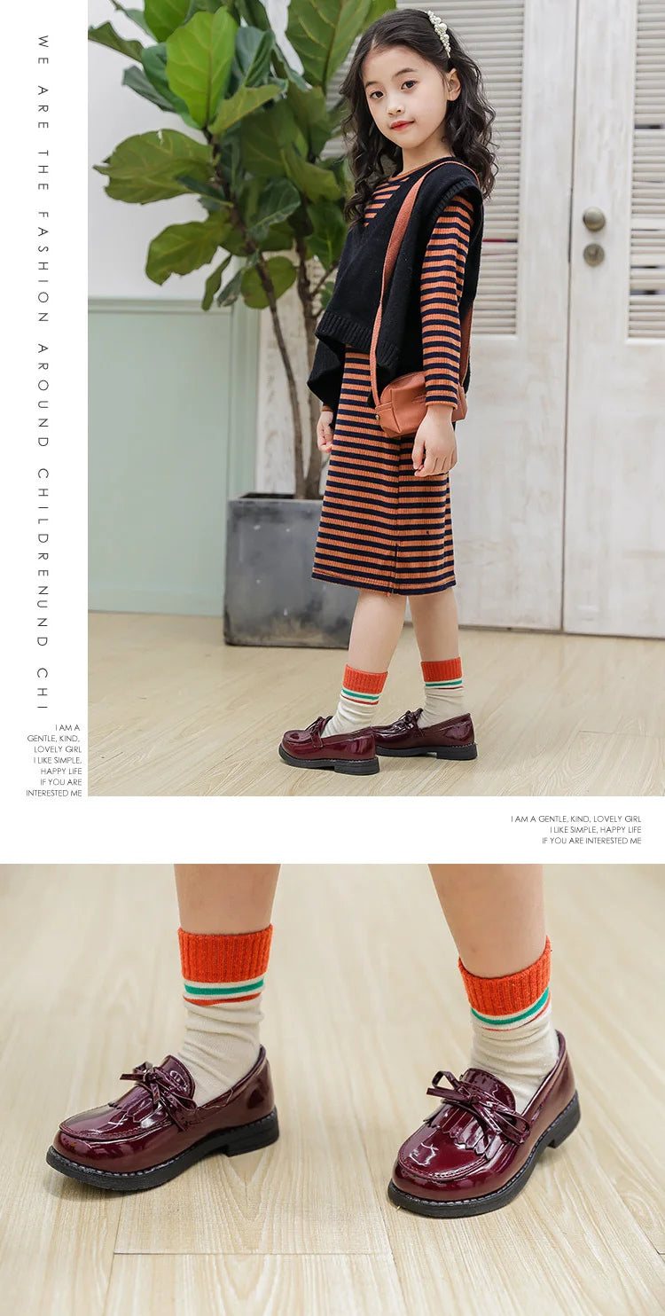 Girls Casual Leather Shoes Kids Flats Tassels with Bow-knot British Style Soft Slip-on Loafers for Wedding Party Bright Skin New.