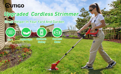 OUTIGO-KF8L schnur loser elektrischer Grass ch neider mit 2 Batterien und 4 Arten von Klingen, zum Mähen von Rasenflächen und Sträuchern im Freien