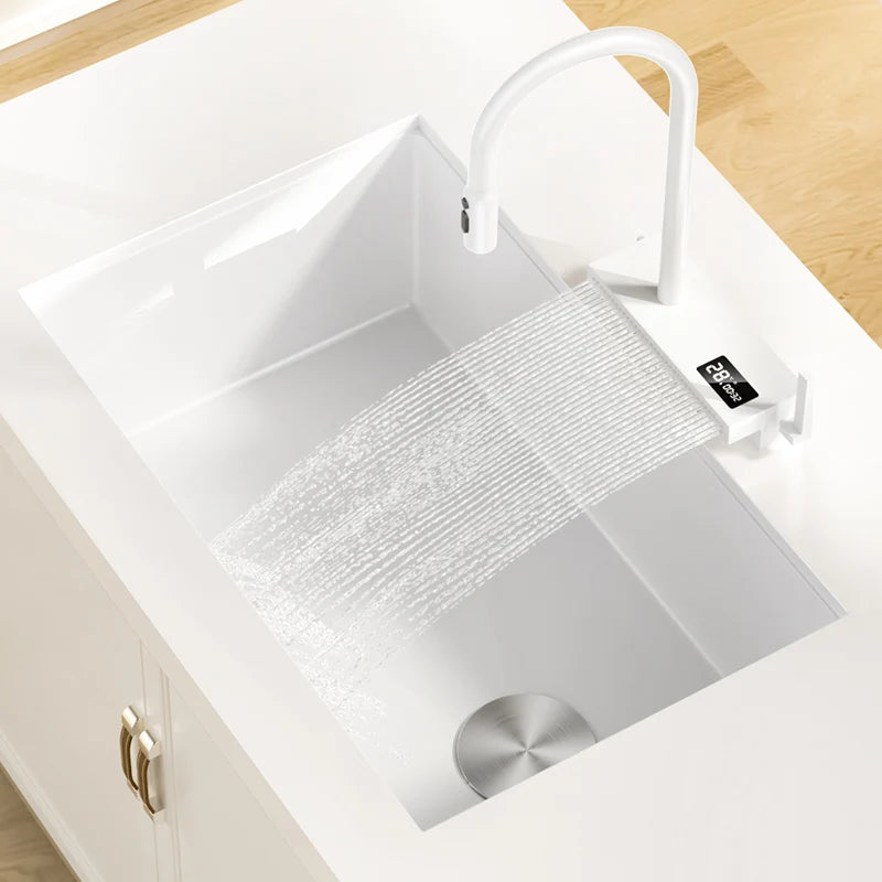 White Stainless Steel Kitchen Sink with Digital Display Multifunction Waterfall Faucet large Wash Basin for Kitchen Accessories