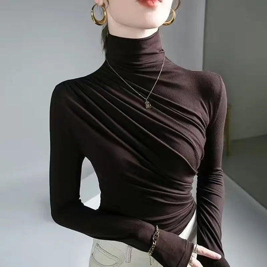 Simplicity Office Lady Autumn/Winter Women's Solid Turtleneck Pleated Temperament Fashion Slim Long Sleeve Bottoming Shirt Tops.