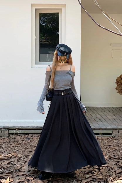 Qiukichonson Grey Midi Long Skirts Womens Maxi Skirt 2023 Autumn Winter Suit Skirt Goth Lolita High Waist Ruffle Pleated Skirts