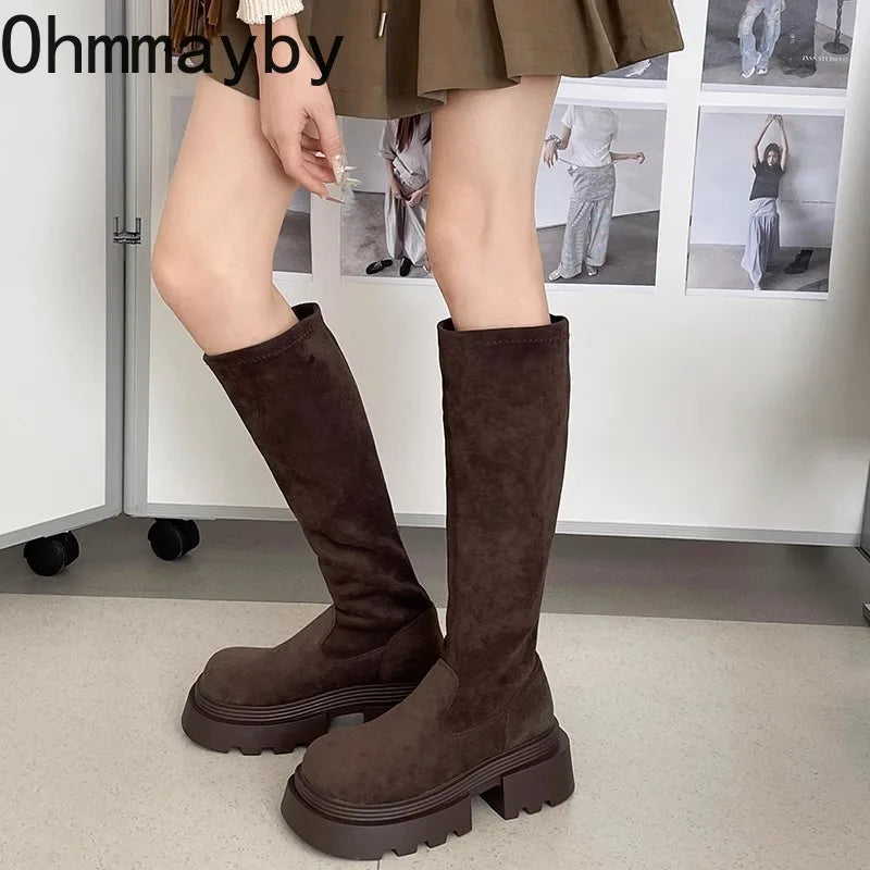 Winter Platform Punk Style Woman Knee High Boot Concise Slip On Elastic Slim Shoes Ladies Thick Bottom Knight Long Booties.