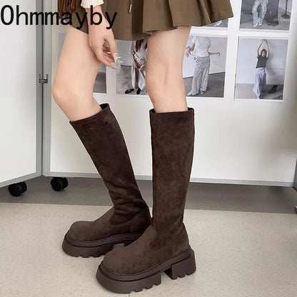 Winter Platform Punk Style Woman Knee High Boot Concise Slip On Elastic Slim Shoes Ladies Thick Bottom Knight Long Booties.