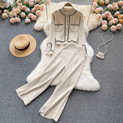 New Autumn Korean Fashion Casual Knit Two Piece Set Women Sweater Cardigan Crop Top + Wide Leg Pant Suits Tracksuit 2 Piece Sets.