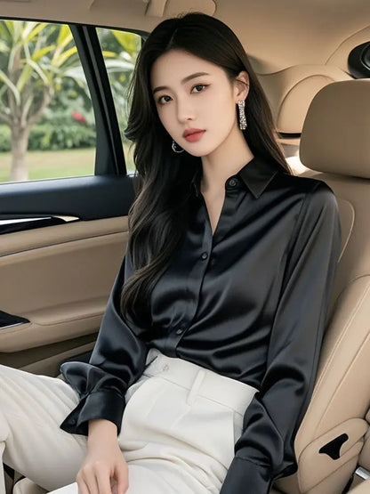 Elegant Silk Office Shirts Women Korean Fashion Y2k Clothes Slim Long Sleeve White Black Blusas Mujer Workwear Tops and Blouses