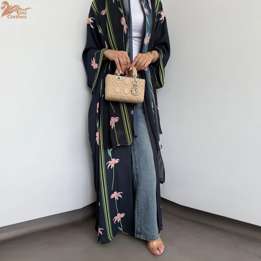 Uni Islamic Clothing Modest Abaya Women Muslim Dress Front Open Printed Abaya 2025 With Hijab Scarf Two Piece Set for Summer.