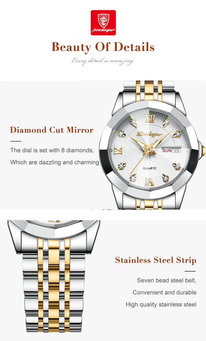 POEDAGAR Top Luxury Woman's Quartz Watch Waterproof Luminous Date Week Ladies Casual Watch Stainless Steel Elegant Women Watches.