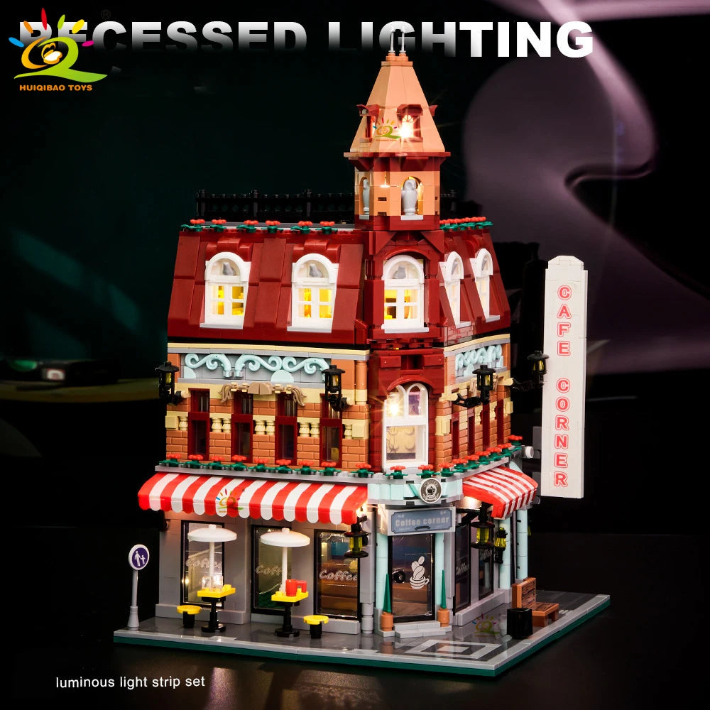 HUIQIBAO Toys MOC City Corner Coffee Shop Architecture Style Street View Micro Building Blocks for Children Construction Bricks.