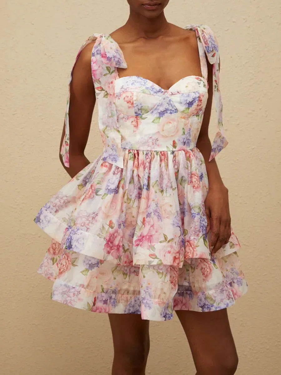 TWOTWINSTYLE Abnehmen Druck Verstärktes Spitze Up Elegante Kleider für Frauen Square Neck Ärmellose Patchwork Rüschen Kleid Weibliche.