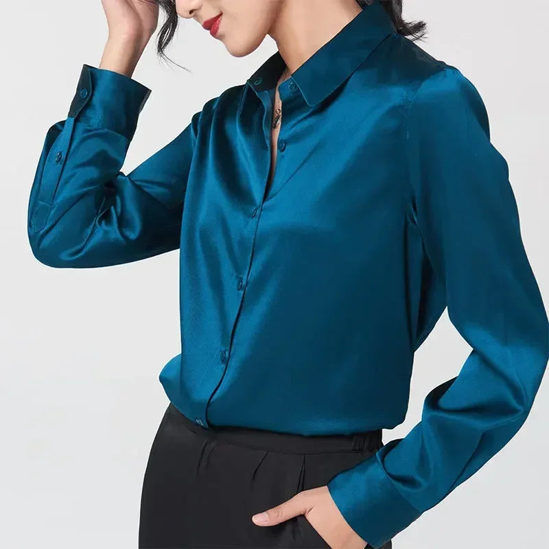 Woman Silk Shirt Long-sleeved Satin Women Blouse 19mm Mulberry Silk Blouse Loose Versatile Base Shirt 95% Natural Silk+5%Spandex