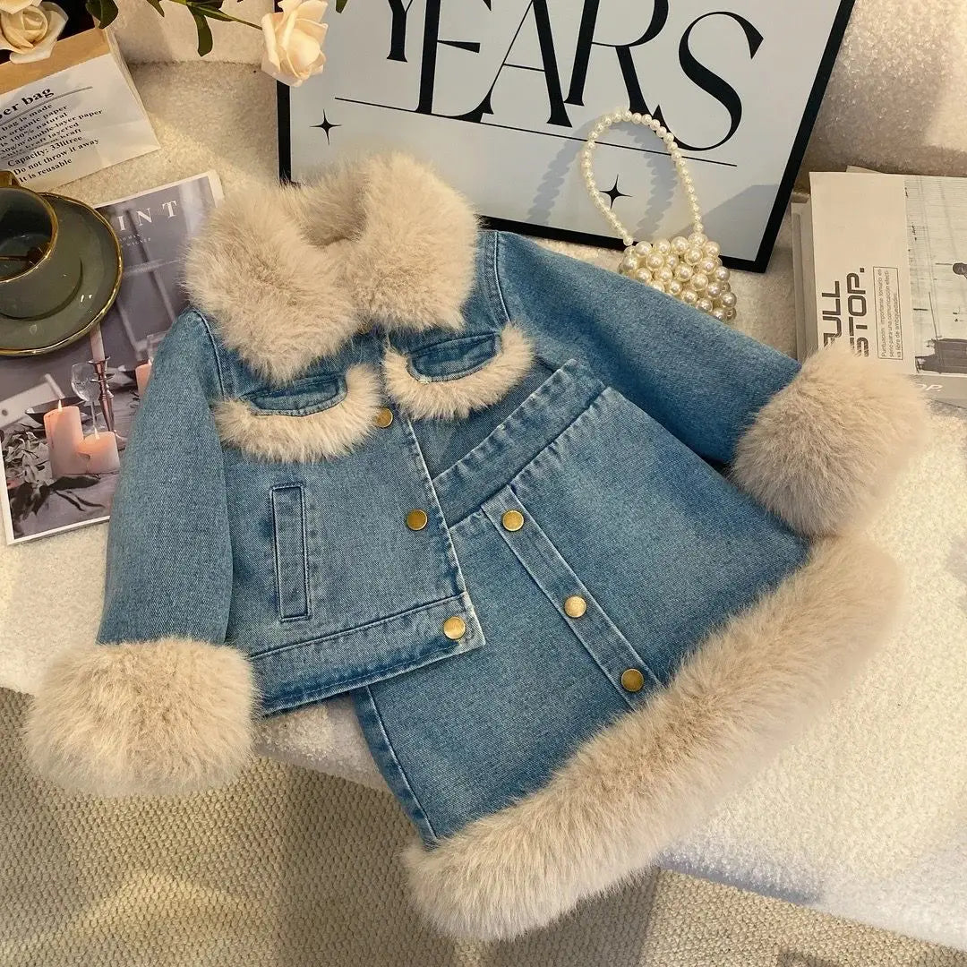 Children's Sets Girls' Fleece-Lined Denim Set Korean Winter Jacket & Skirt 2-Piece Thickened Outfit for Toddlers.