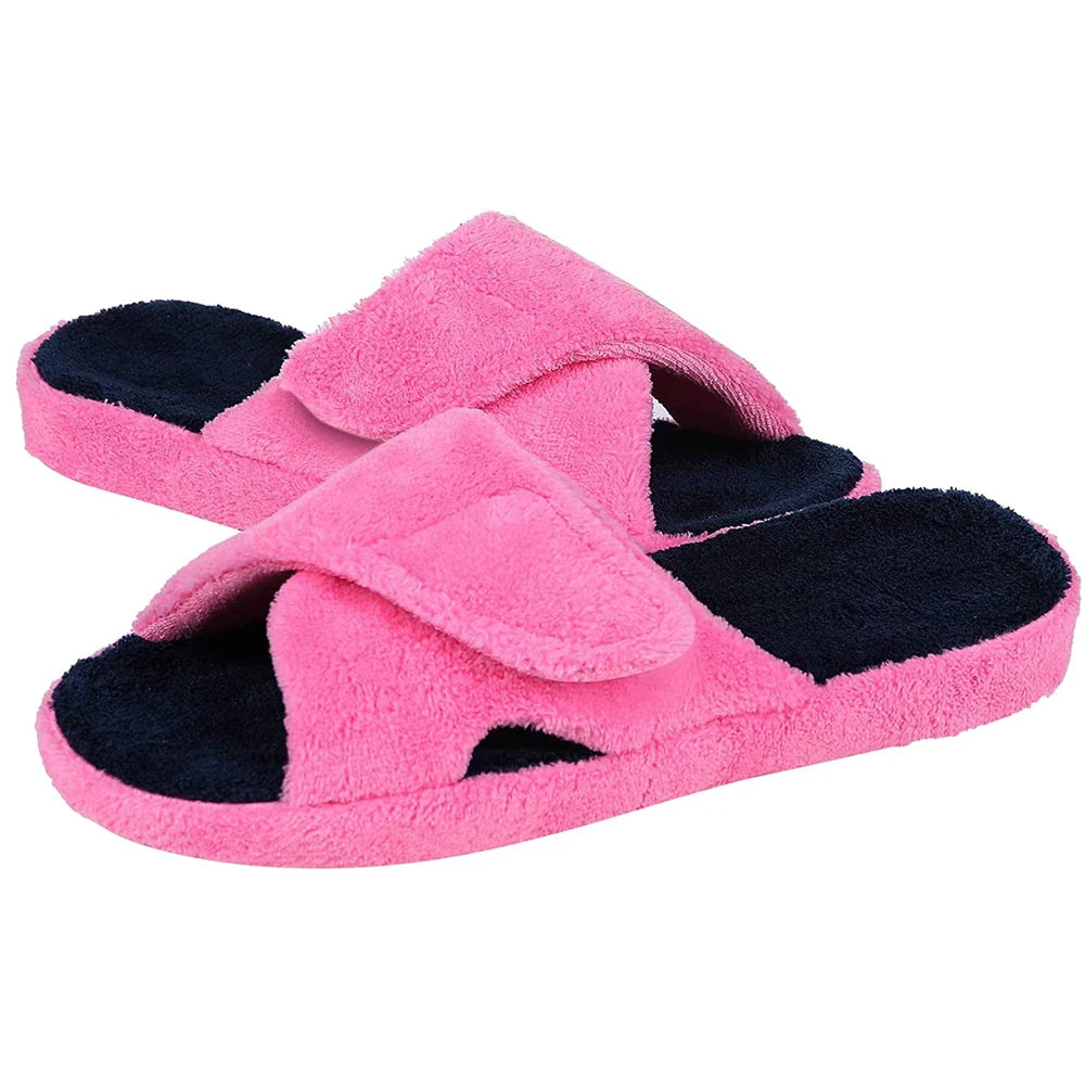 Comwarm Fuzzy House Slippers For Women New Terry Cloth Arch Support Cotton Slippers Four Seasons Open Toe Indoor Flat Slippers.