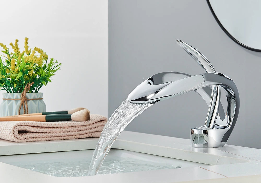 Rozin Luxury Black Basin Faucet Grey Bathroom Waterfall Mixer Tap Brass Deck Mount Modern Style Hot Cold Water Sink Mixer Crane