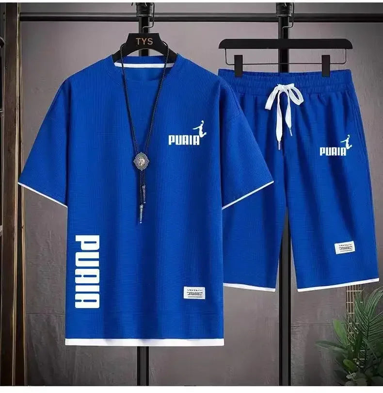 Summer 2025 Men's breathable fitness set, round-neck sports short-sleeved T-shirt + casual running shorts, 2-piece set, M-3XL.