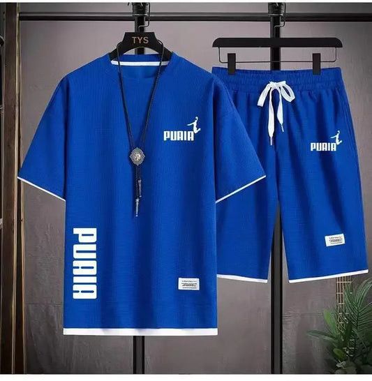 Summer 2025 Men's breathable fitness set, round-neck sports short-sleeved T-shirt + casual running shorts, 2-piece set, M-3XL.