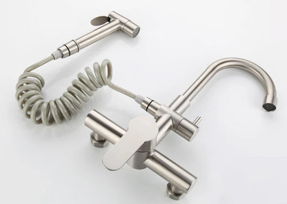 Kitchen Faucet Stainless Steel Double Hole Hot and Cold Mixing Tap Wall Mount Balcony Laundry Swivel Tap With Spray Gun 주방수전