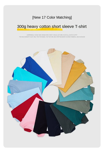 300g Cotton T Shirts Men Short Sleeved Heavyweight  Summer Round Neck Loose Breathable Shirt for Men Women Basic Tee.