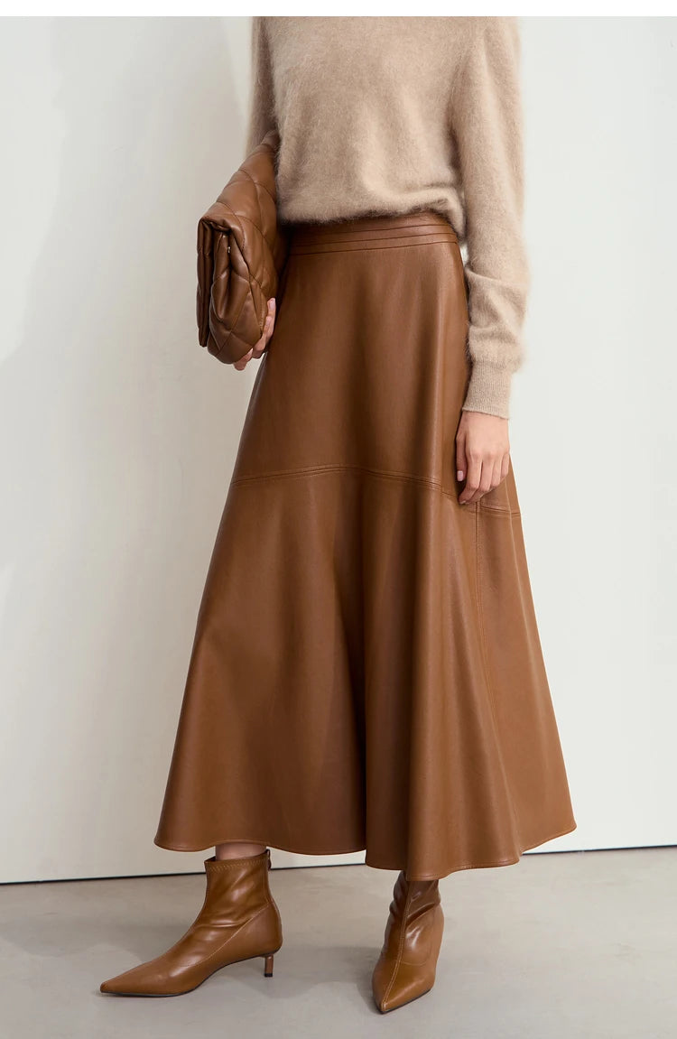 AMII Minimalist Elegant Commuter Environmentally Friendly PU Leather Skirt 2024 Winter New Women's Loose A-shaped Skirt 12444181
