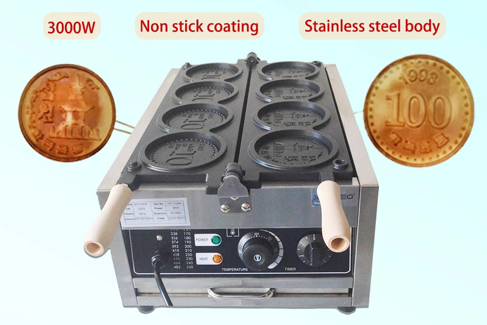 XEOLEO Commerical 4PCS Korean Coin Waffle Maker 3000W Non-stick Coating Gold Coin Bread Waffle Making Maker Electric/Gas.