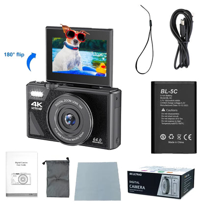 Ourlife AC600 Digital Camera 4K 64MP UHD Cameras 18X Digital Zoom 180° Flip Screen Vintage Vlogging Camera for YouTube Autofocus.