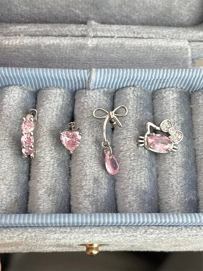 Cute Pink Zircon Cat Stainless Steel Ear Bone Nail Water Droplet Pendant Small Earrings for Women Cochlear Puncture Accessory.