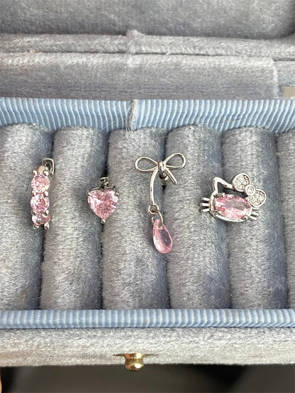 Cute Pink Zircon Cat Stainless Steel Ear Bone Nail Water Droplet Pendant Small Earrings for Women Cochlear Puncture Accessory.