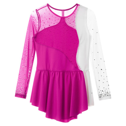 6-16Y Mädchen Eiskunstlauf Tanz Kleid Ballett Gymnastik Trikot Langarm Shiny Strass Sheer Mesh Leistung Dancewear