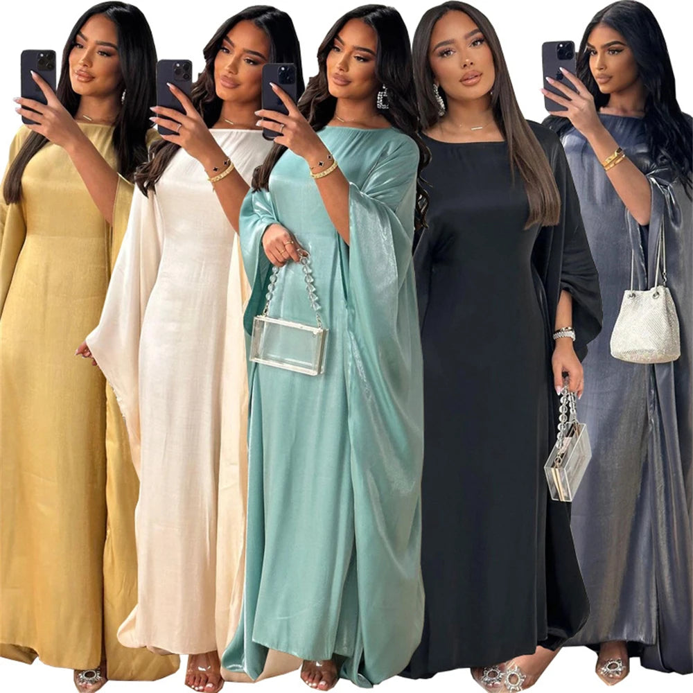 Batwing Butterfly Sleeve Satin Khimar Abaya Dubai Luxury 2024 Muslim Kaftan Dress Abayas For Women Kebaya Caftan Vestidos Femme.