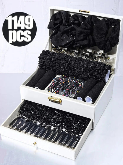 1150-Pcs Hair Clip Pearl Shark Fin Hair Grips Elastic Band Seamless Hair Bands Hair Ties Hair Accessories Gift Box Set.