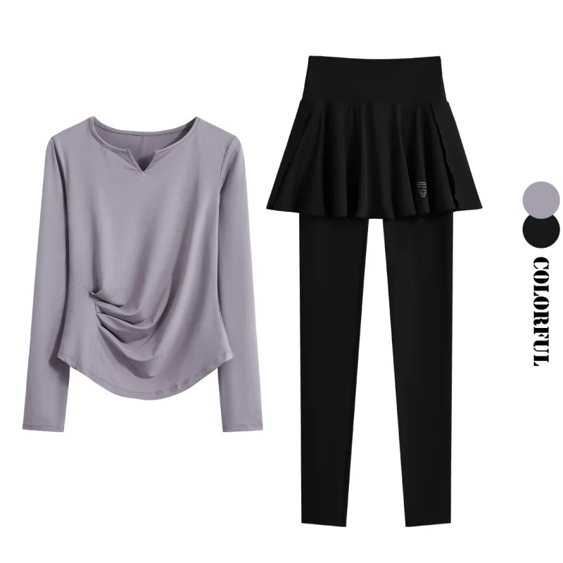 DRUR Autumn Yoga Set 2 Piece Sportswear Outfit Women Long Sleeve Workout Top High Waist Leggings Suit Tennis Sets 2pcs Tracksuit