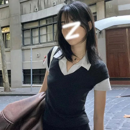 Korean Style College Polo Neck Splice Fake Two-Piece Short Sleeve T-Shirt Modal Material Flip Collar Short Length Female Top.