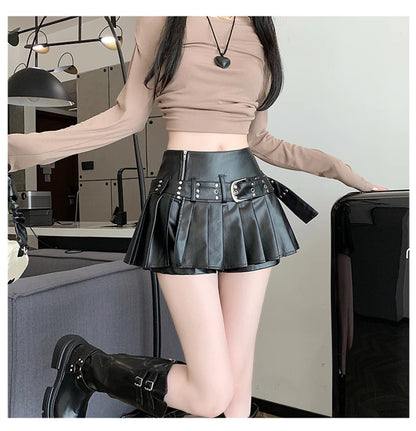 Women's Black Gothic A-line Pleated Leather Skirt Y2k Mini Shorts Skirts Harajuku Korean Emo Skirt 2000s Vintage Clothes Summer.