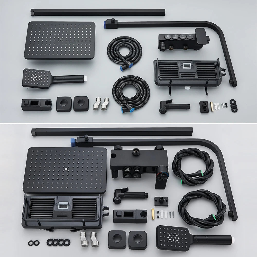 Black Thermostatic Shower Faucet Set For Bathroom Smart Display Hot Cold Water Mixer Tap Wall Mounted Rainfall System With Bidet