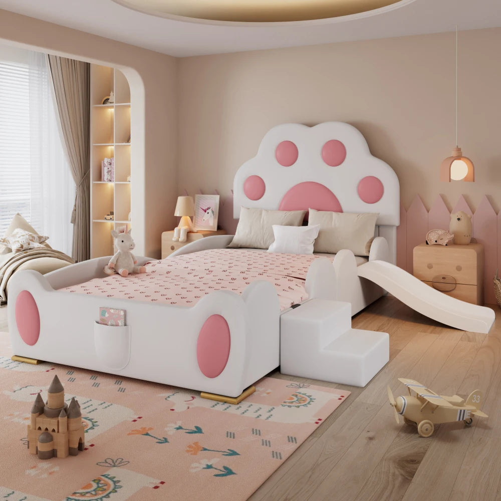 Cartoon süßes rosa Prinzessinnenbett, gepolstertes Bett, 90 x 200 cm, mit Kinderrutsche und zweistufiger Leiter, für Mädchenschlafzimmer