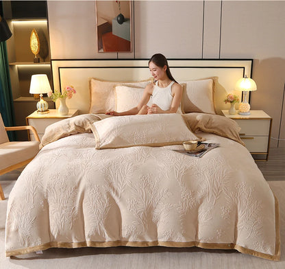 2025 new light luxury high gram weight carved fleece milk fleece bed sheet four-piece set thickened warm bedding winter.