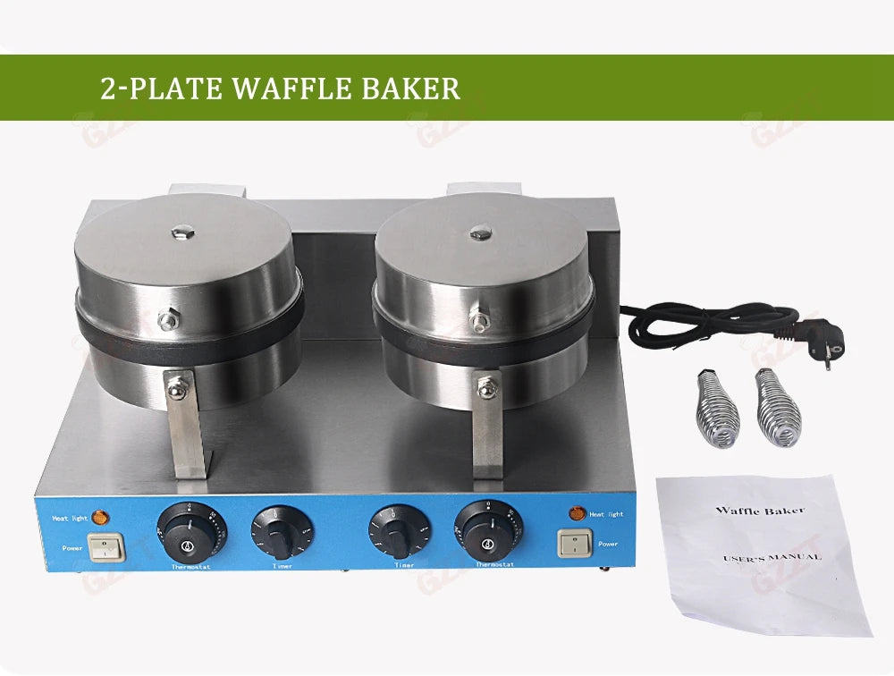 GZZT Commercial Double Head Waffle Maker 4-Piece Non-stick 2000W Adjustable Temperature 50-300℃ High-Efficiency Snack Machine.