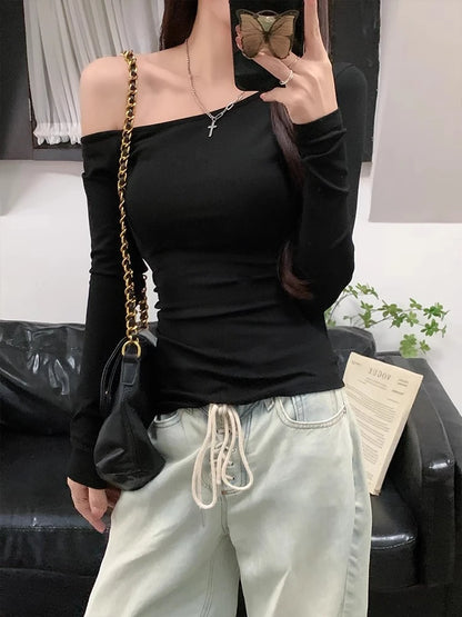 Vintage Solid Off Shoulder T Shirt Women Autumn Sexy Slash Neck tshirts Cotton Long Sleeve Chic Irregula Streetwear Slim Top Y2k.