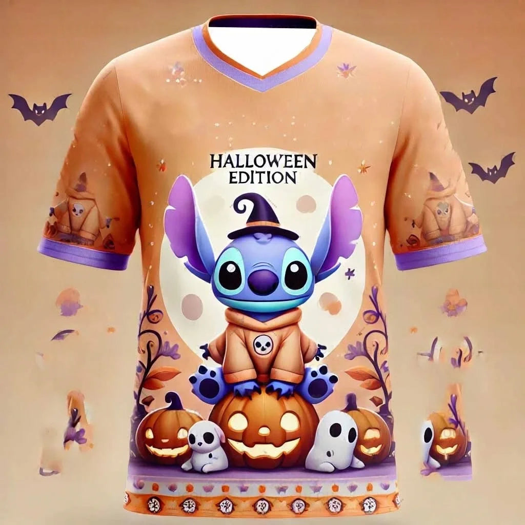 Disney Women's Men's Sports Jersey Halloween Stitch Print Short Sleeve Summer Graphic Tee Children Cartoon Size Sport T-Shirt.